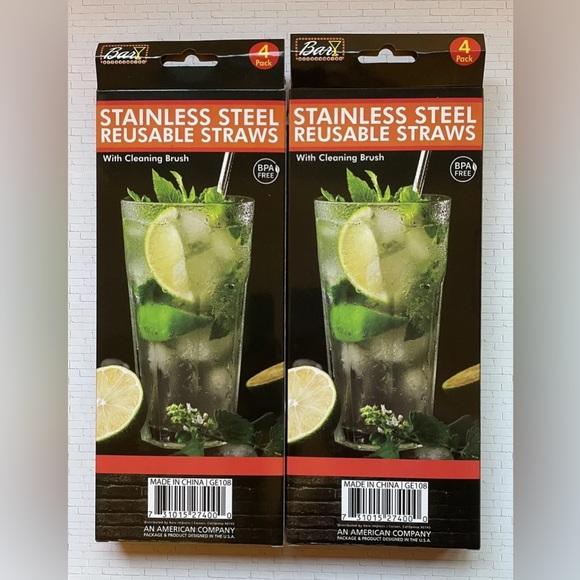 2 Packs Of 4 Stainless Steel Reusable Straws With Cleaning Brush. 10.5” X .25” - Picture 2 of 2